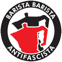 a logo for barista antifascista has a red coffee pot in the center