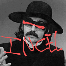 a man wearing a hat and sunglasses with the word incal written in red