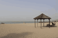 a group of people sit under a thatched hut on the beach