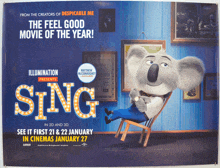 a poster for the movie sing shows a koala bear sitting in a chair