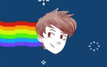 a cartoon drawing of a boy with a rainbow behind him