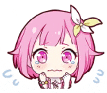 a cartoon girl with pink hair and a flower on her head is crying .