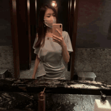 a woman wearing a mask is taking a picture of herself in a bathroom mirror