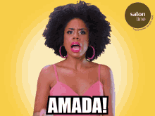 a woman in a pink dress is screaming with the word amada above her