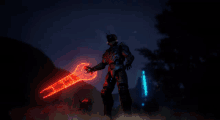 a video game character is holding a glowing sword