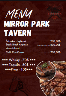 a menu for the mirror park tavern has a picture of a steak