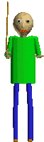 a cartoon character in a green shirt and blue pants holding a stick .