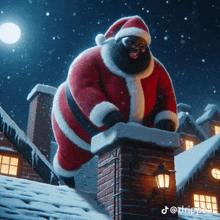 a santa claus is standing on top of a chimney on a snowy roof