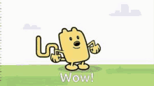 a cartoon character is standing in a field and giving a thumbs up sign .