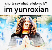 a picture of a man with curly hair and the words shorty say what religion u is