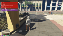 a screenshot of a video game shows a woman standing on a sidewalk in front of a building