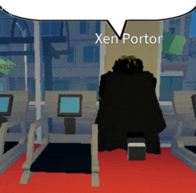 a video game character named xen portor is sitting on a chair