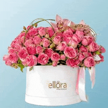 a box filled with pink roses and orchids on a blue background .