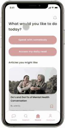 a phone screen shows a screenshot of a mental health app