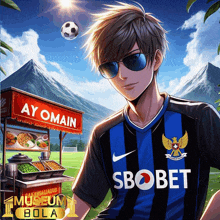 a boy wearing sunglasses and a soccer jersey that says sbobet