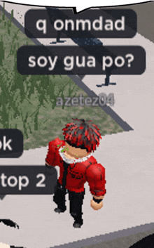 a person in a red jacket is standing on a sidewalk with a speech bubble saying q onmdad soy gua po