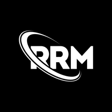 a white rrm logo with a swirl around it on a black background