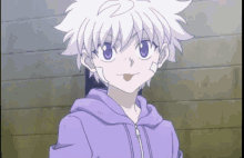 a cartoon character with white hair and a purple hoodie sticking out his tongue