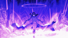 a person in a hooded cloak is surrounded by purple lightning