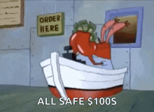 a cartoon of a crab in a boat with a sign that says order here