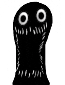 a black monster with white eyes and teeth is looking at the camera with its mouth open .