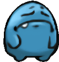 a blue cartoon character with a sad face on its face