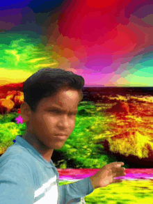 a young boy stands in front of a colorful landscape