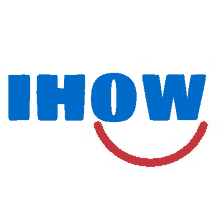 a blue and red ihow logo with a red smiley face