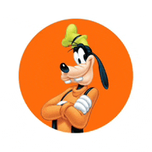 goofy is standing with his arms crossed on an orange circle