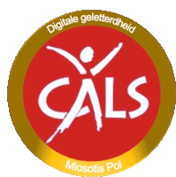 a red circle with the word cals in white letters