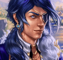 a painting of a man with blue hair and blue eyes wearing a fur coat and earrings .