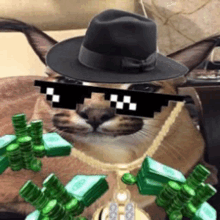 a cat wearing a hat and sunglasses is surrounded by green money .