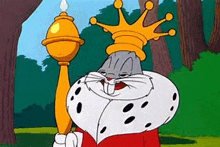 bugs bunny is wearing a crown and holding a torch in this cartoon .