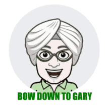 a cartoon of an elderly woman wearing glasses and a turban with the words bow down to gary below her