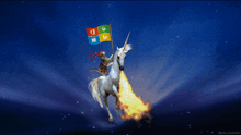 a cat is riding on the back of a unicorn with a windows flag