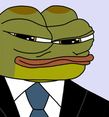 a cartoon frog wearing a suit and tie looks angry