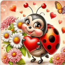 a ladybug is holding a heart and flowers in her hands .