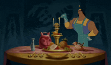 a cartoon character is standing in front of a table full of food and candles