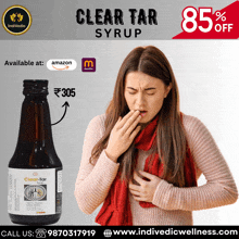 a bottle of clear tar syrup with a woman coughing