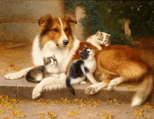 a painting of a dog and three kittens by w. signe