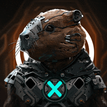 a robotic beaver with a green x in the middle of his chest