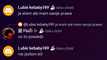 a screenshot of a discord conversation between lubie kebaby749 and no to powiedz