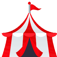 an illustration of a red and white circus tent with a red flag on top