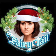 a woman wearing a santa hat is surrounded by christmas trees and the words fairy tail