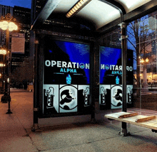 a bus stop with a sign for operation alpha