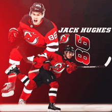 a hockey player named jack hughes is holding a hockey stick