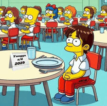 a cartoon of bart simpson sitting at a table with a calendar that says tanggal s / d 2029 on it