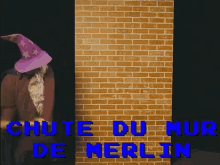 a man in a wizard hat is standing in front of a brick wall with the words chute du mur de merlin