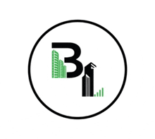 a logo for a company called b1 with a circle around it and buildings on it .