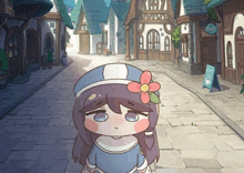 a girl with a flower in her hair stands in front of a cafe